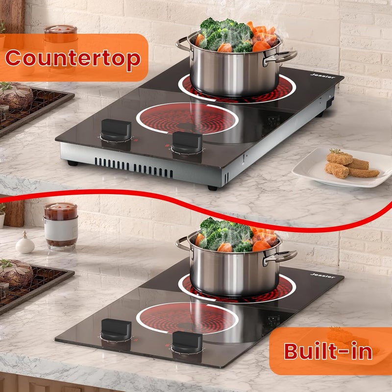 Jessier 2 Burner Electric Cooktop - 12 Inch Plug in Portable 110V Electric Cook Top Two Burner, Built-in & Countertop Ceramic Stove Top with Knob Control, 9 Power Levels and Overheat Protection - Image 5